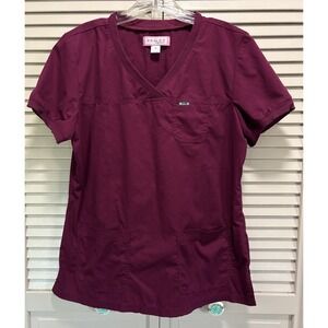 Koi Burgundy Scrub Top Short Sleeve V Neck Pockets Size Medium‎ Medical